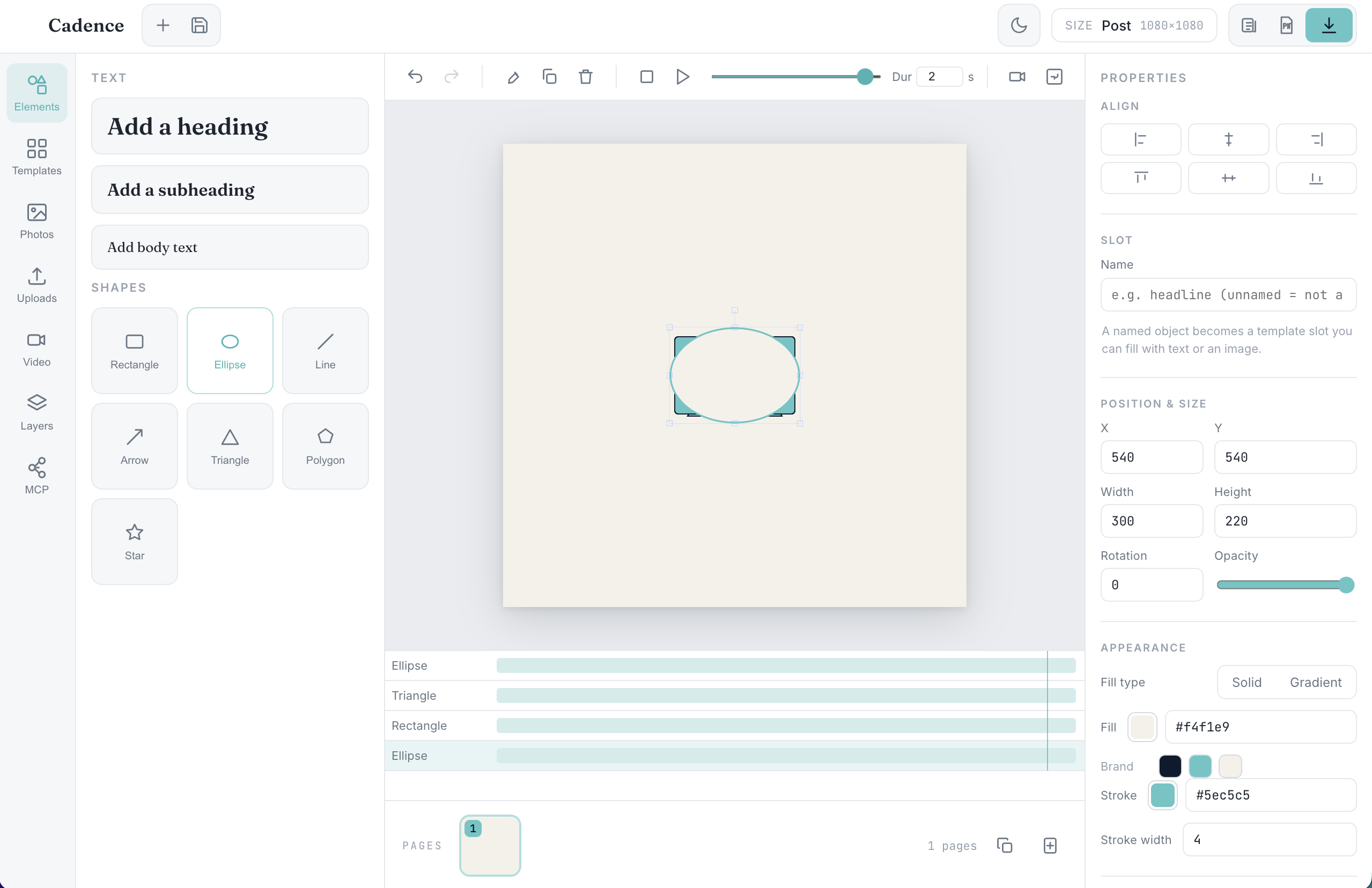 The Cadence visual editor — shapes, a keyframe timeline, brand palettes, and an MCP panel