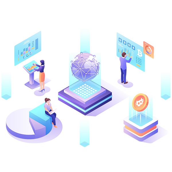 dev 等距插圖顯示人們與數位圖表、區塊鏈網絡地球儀和 Bitcoin 符號互動,代表加密貨幣、香港 AI 和資料分析概念。. 香港AI