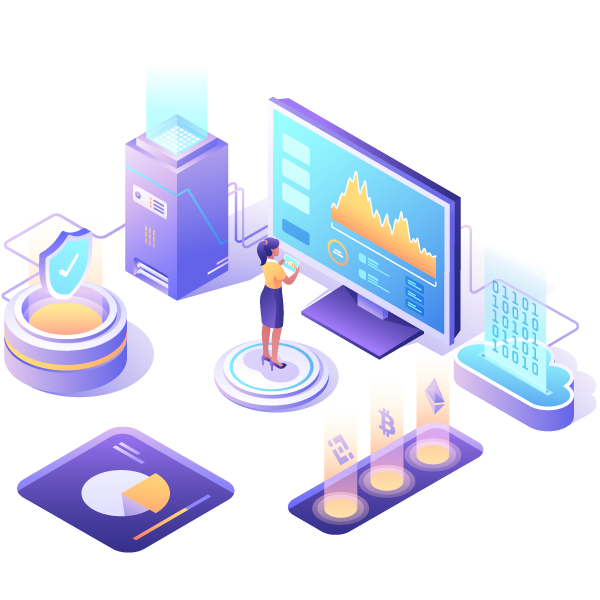 stake 插畫中,一位女士在大螢幕上分析資料,螢幕上有圖表、加密貨幣圖示、伺服器設備和圖表,展示以數位、科技為主題的環境,靈感來自於香港 AI 創新。. 香港AI