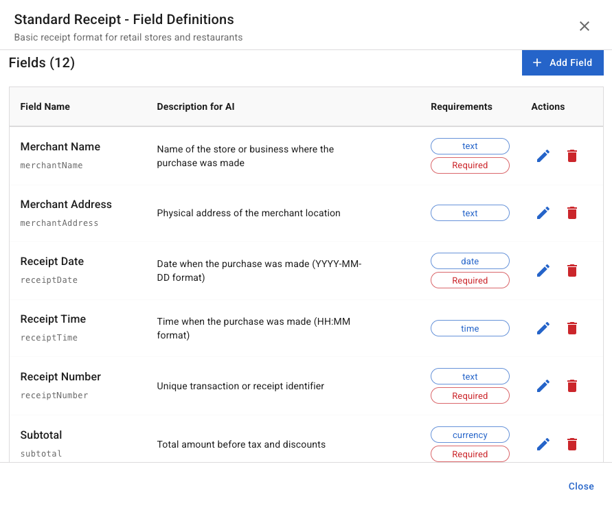 Screenshot 2025-08-16 at 12.14.31 AM 標題為「標準收據 - 欄位定義」的表單截圖,顯示 12 個收據資料欄位,每個欄位都有其名稱、說明、要求,以及編輯或刪除的動作圖示,用於香港 AI 解決方案。. 香港AI