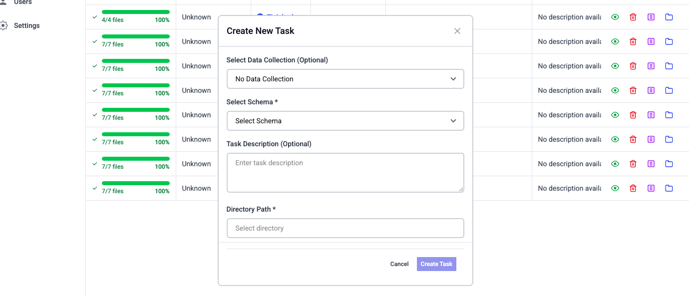 Screenshot 2025-10-13 at 11.36.14 AM 標示為「建立新任務」的彈出視窗會覆蓋網頁儀表板,顯示資料收集、模式選擇、任務描述和目錄路徑等欄位,是有效組織香港 AI 專案的理想選擇。. 香港AI
