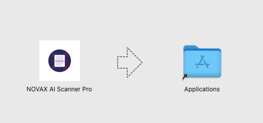Screenshot 2025-10-13 at 11.48.49 AM 標有「NOVAX AI Scanner Pro」的圖示以箭頭指向灰色背景上的藍色「應用程式」資料夾,突顯其香港 AI 技術。. 香港AI